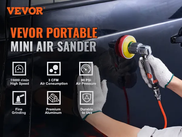 Lijadora neumática orbital VEVOR en uso en puertas de automóviles, destacando su alta velocidad, bajo consumo de aire y durabilidad.