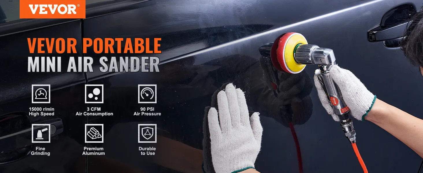 Lijadora neumática orbital VEVOR en uso en puertas de automóviles, destacando su alta velocidad, bajo consumo de aire y durabilidad.