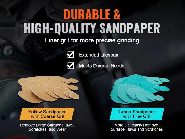 Papel de lija para lijadora neumática orbital VEVOR duradero y de alta calidad en grano grueso amarillo y grano fino verde.