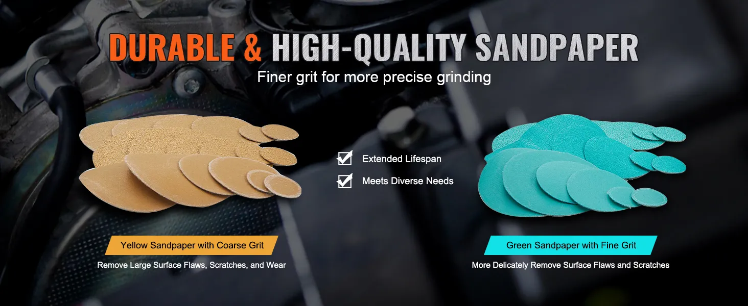 Papel de lija para lijadora neumática orbital VEVOR duradero y de alta calidad en grano grueso amarillo y grano fino verde.