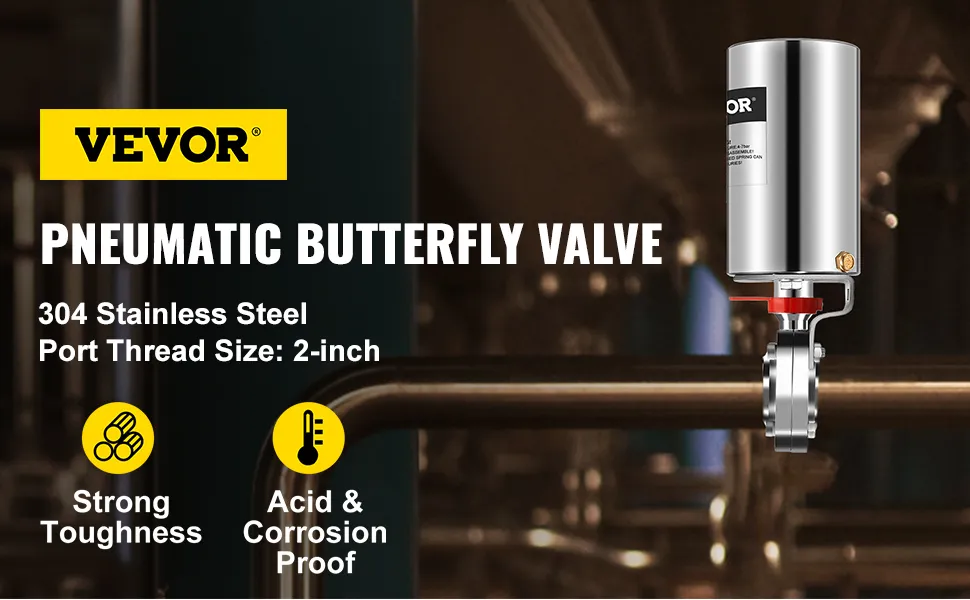 Válvula de mariposa neumática VEVOR, acero inoxidable 304, puerto de 2 pulgadas, resistente, a prueba de corrosión