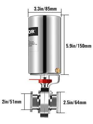 Válvula de mariposa neumática VEVOR con especificaciones dimensionales: 2 pulgadas/51 mm, 2,5 pulgadas/64 mm, 3,3 pulgadas/85 mm.
