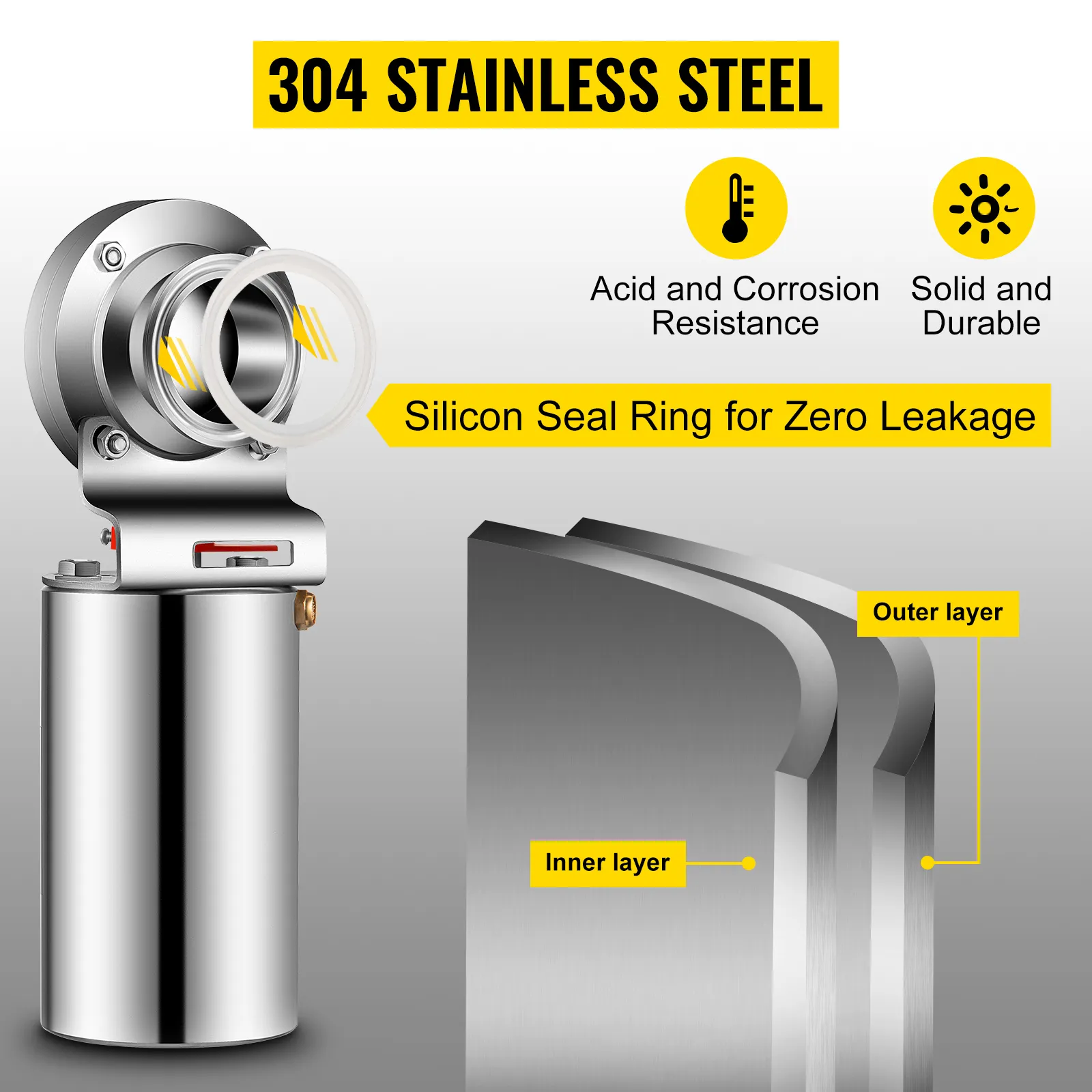 Válvula de mariposa neumática VEVOR: acero inoxidable 304, anillo de sello de silicona, duradero, resistente a la corrosión.