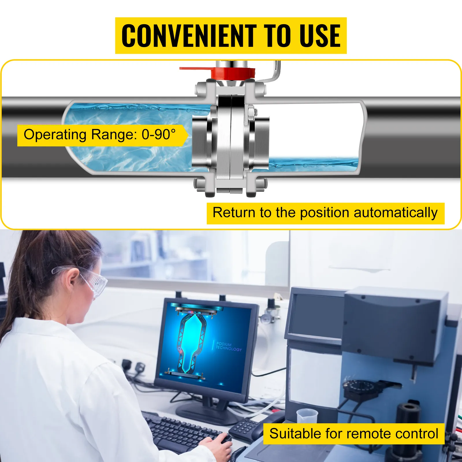 Válvula de mariposa neumática VEVOR que muestra rango operativo, retorno automático y idoneidad para control remoto.