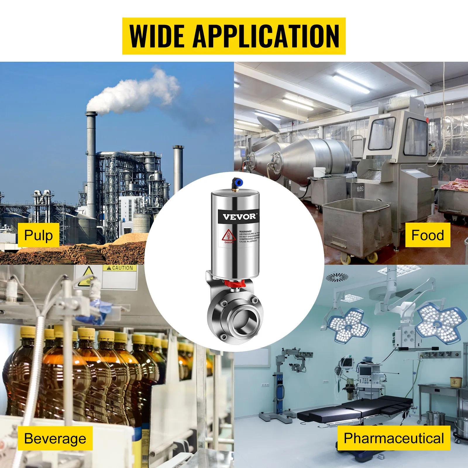 Válvula de mariposa neumática VEVOR para industrias de pulpa, alimentos, bebidas y farmacéutica.