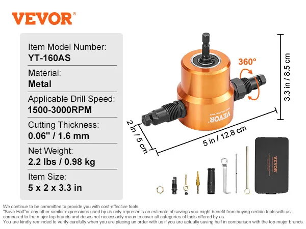 VEVOR metal nibbler cutter, 360° rotatable, 1500-3000 rpm, 0.06" cutting thickness, item yt-160as.