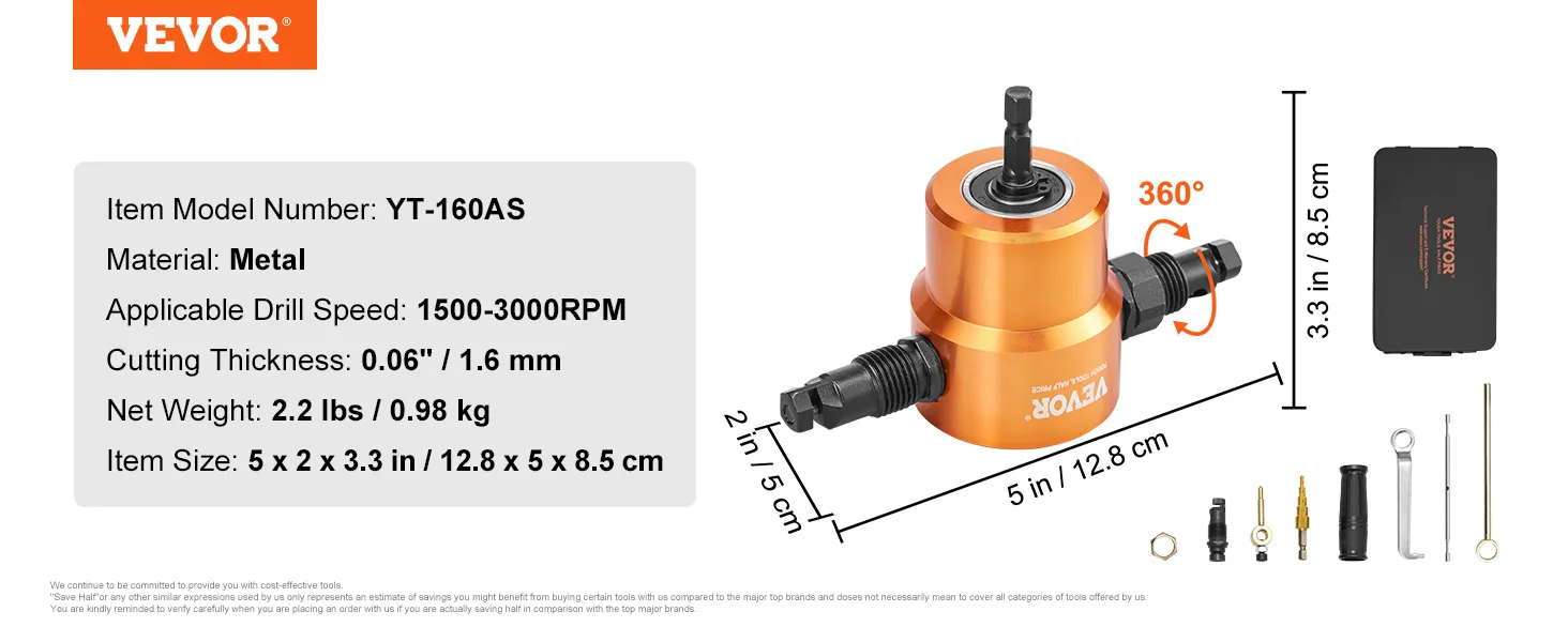 VEVOR metal nibbler cutter, 360° rotatable, 1500-3000 rpm, 0.06" cutting thickness, item yt-160as.