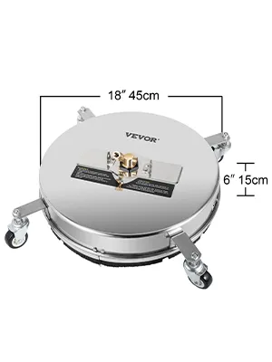 VEVOR surface cleaner, 18" diameter, 6" height, with wheels and metal build.
