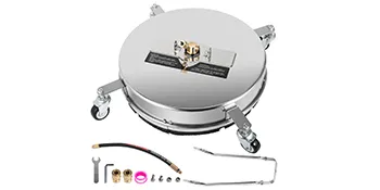 VEVOR surface cleaner with metal casing, swivel wheels, and assorted accessories.