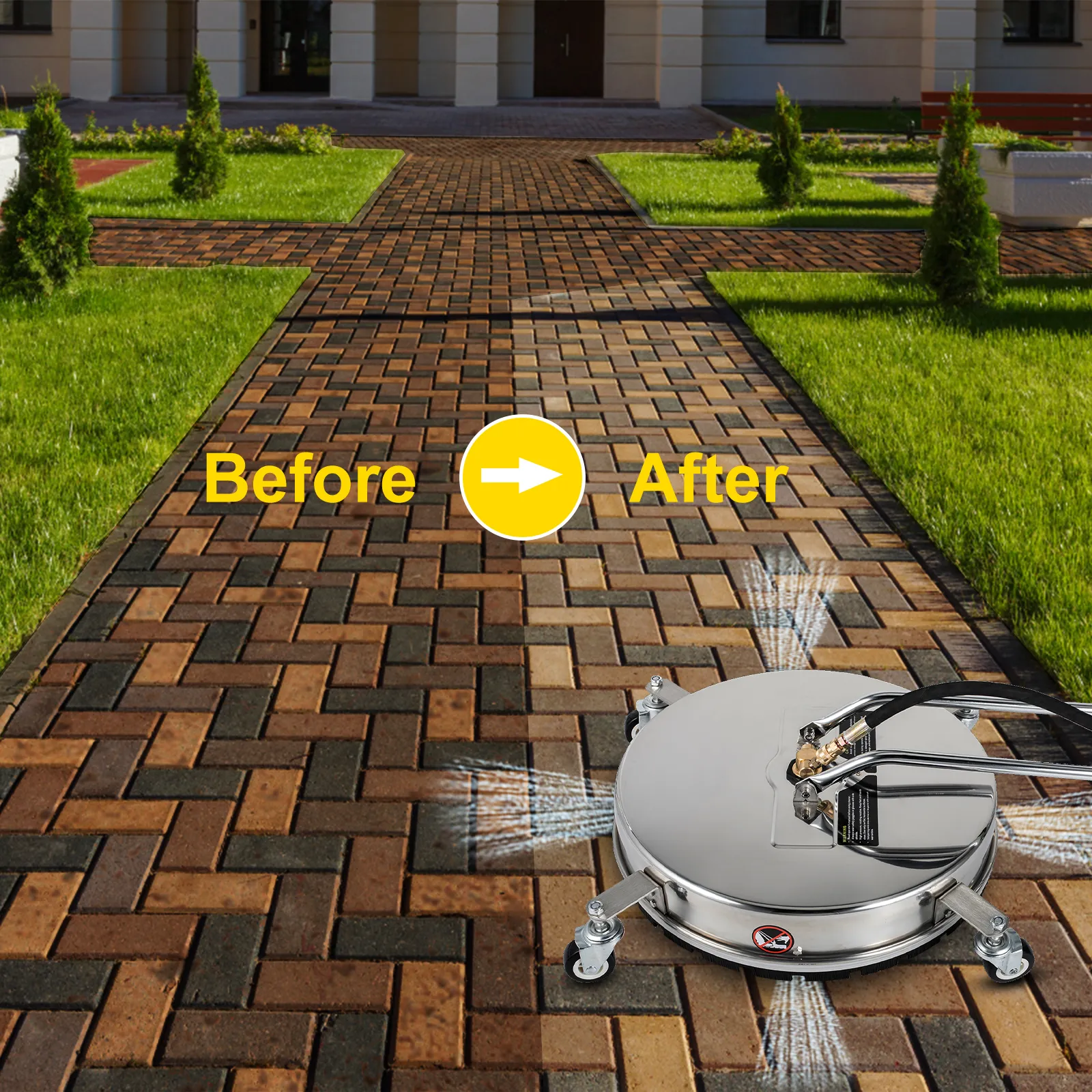 VEVOR surface cleaner showing "before" and "after" on a brick pathway.