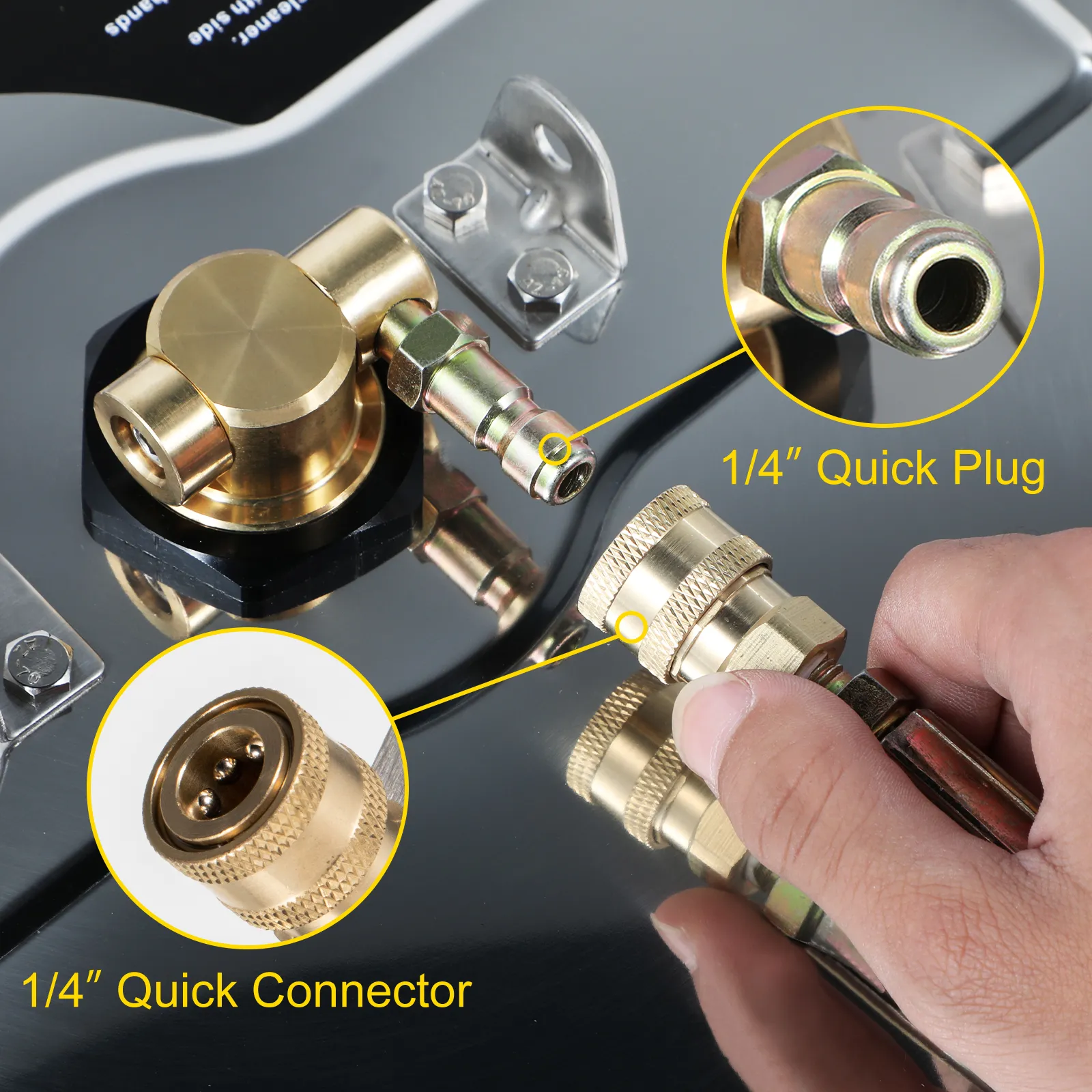 hand attaching a 1/4" quick connector to a VEVOR surface cleaner.