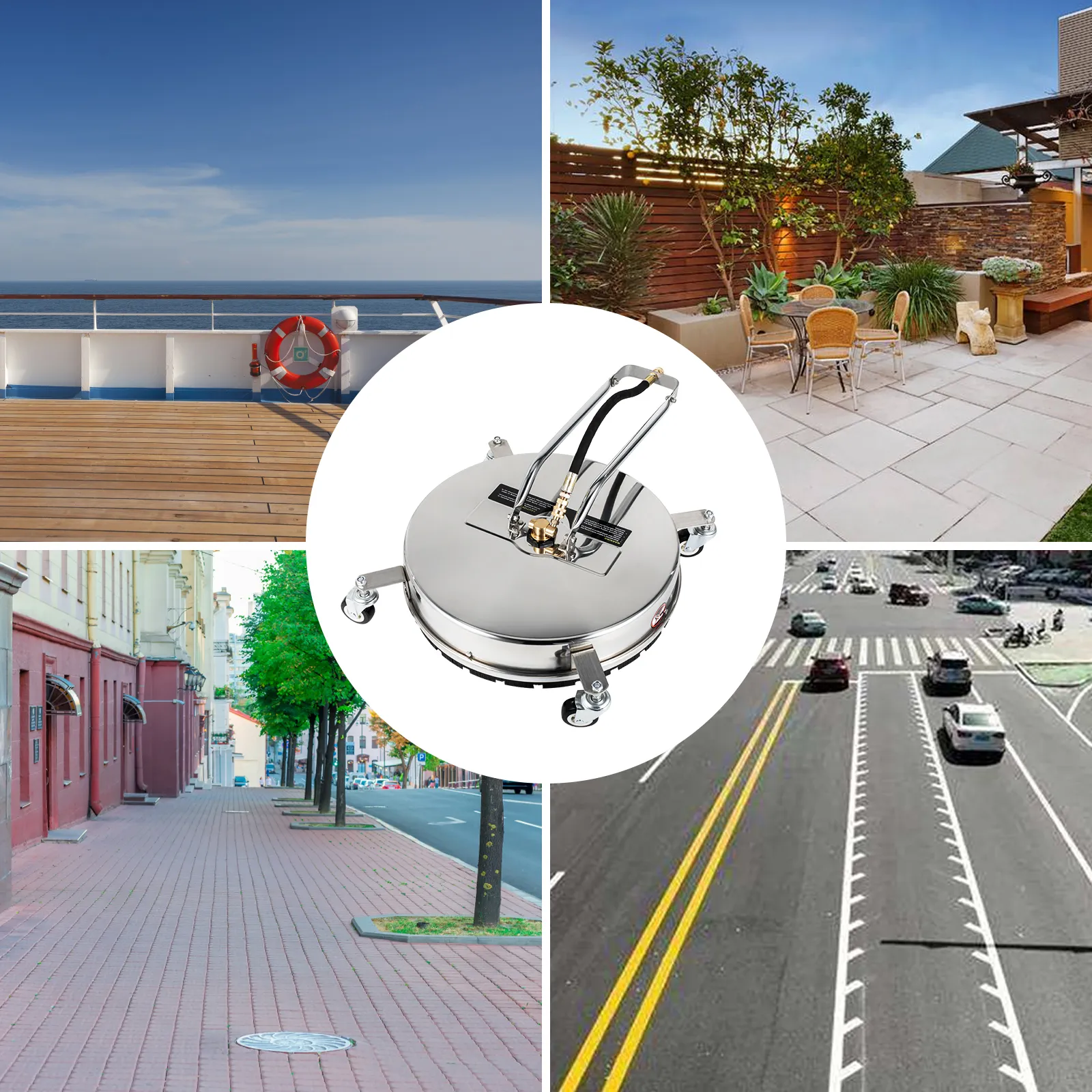 VEVOR surface cleaner on various surfaces: deck, patio, sidewalk, street.