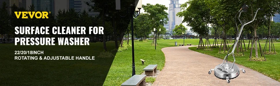 VEVOR surface cleaner for pressure washer in a park with a paved walkway.