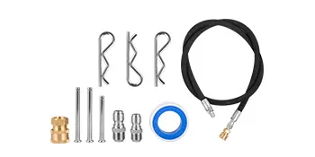 VEVOR surface cleaner parts including hose, nozzles, tape, and connectors.
