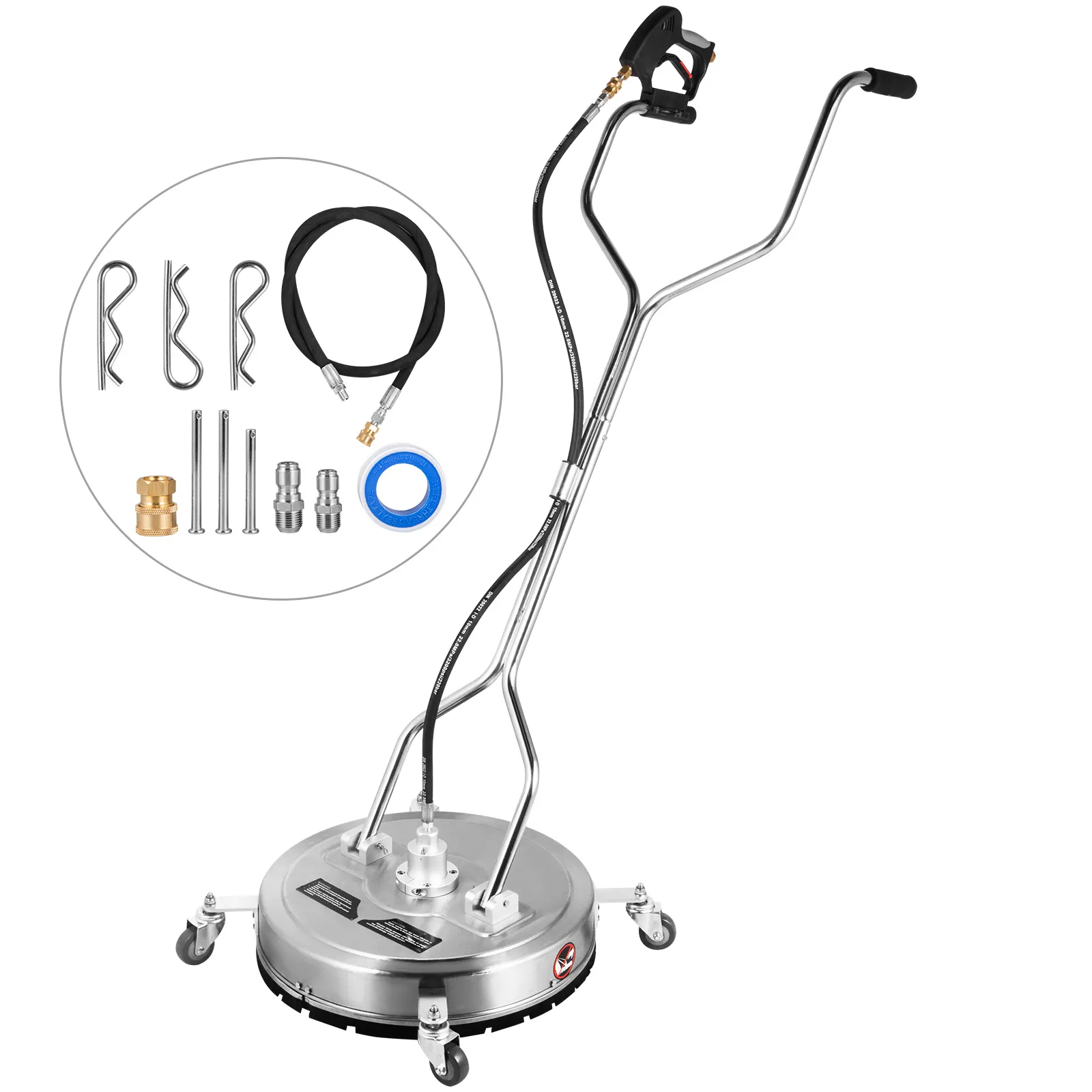 VEVOR surface cleaner with accessories and hose on a white background.