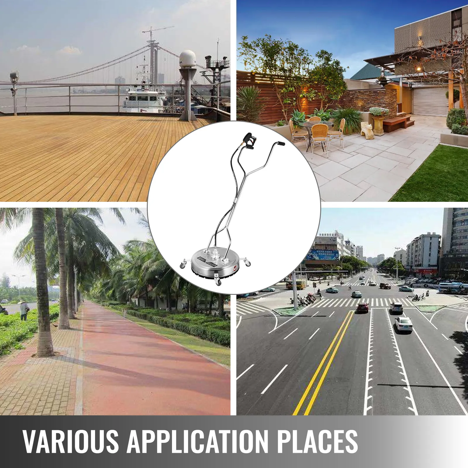 VEVOR surface cleaner used on diverse outdoor areas such as decks, patios, paths, and roads.