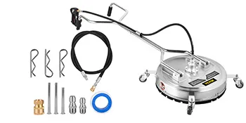 VEVOR pressure washer surface cleaner with accessories and hose on white background.