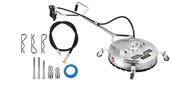 VEVOR pressure washer surface cleaner with accessories and hose on white background.