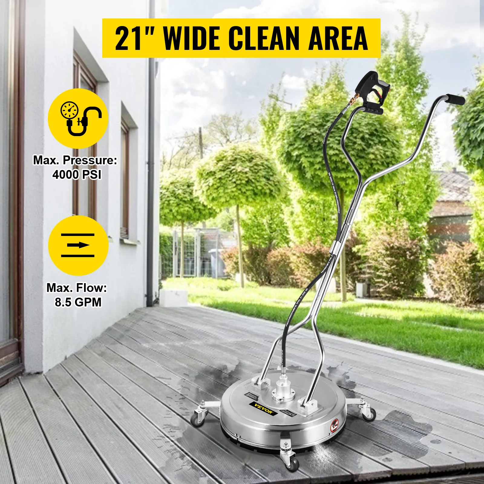 VEVOR pressure washer surface cleaner with 21" cleaning area and 4000 psi, 8.5 gpm.