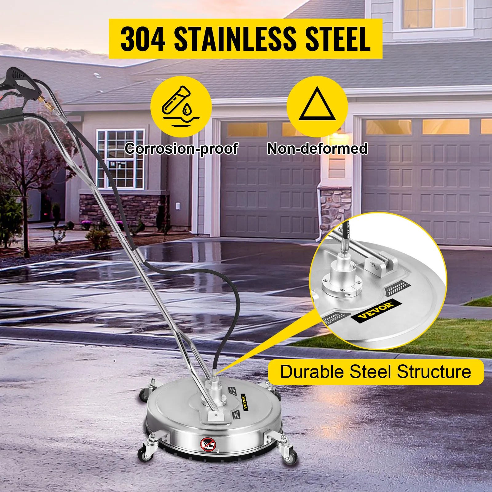 VEVOR pressure washer surface cleaner showcasing durable stainless steel on driveway.