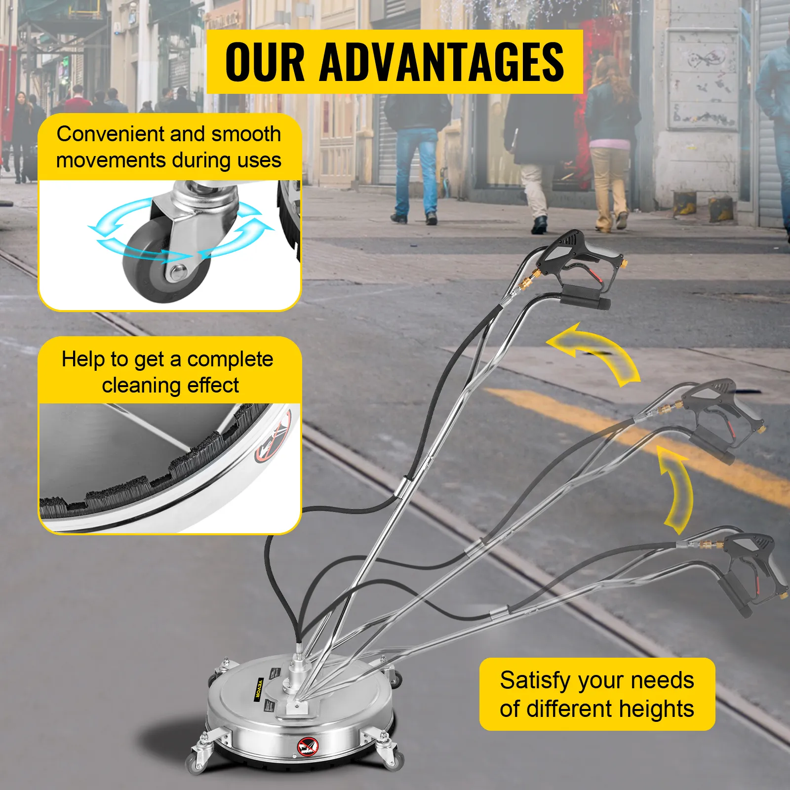 VEVOR pressure washer surface cleaner advantages: smooth movements, complete cleaning, adjustable heights.