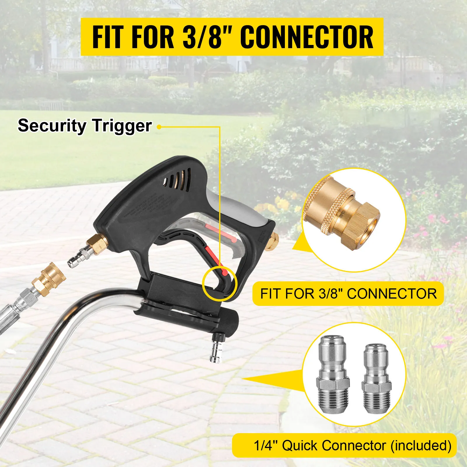 VEVOR pressure washer surface cleaner with security trigger and 3/8" connector fitting.