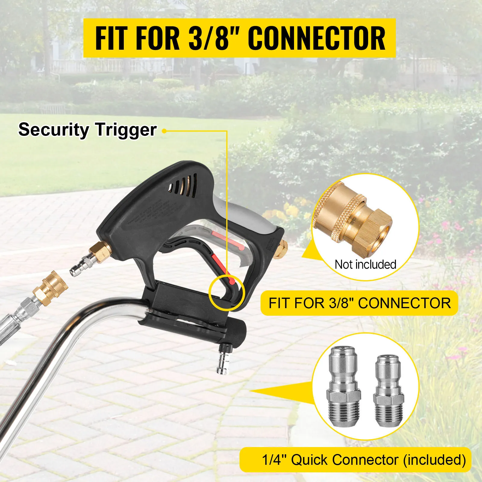 VEVOR pressure washer surface cleaner with security trigger and 3/8" connector fitting.