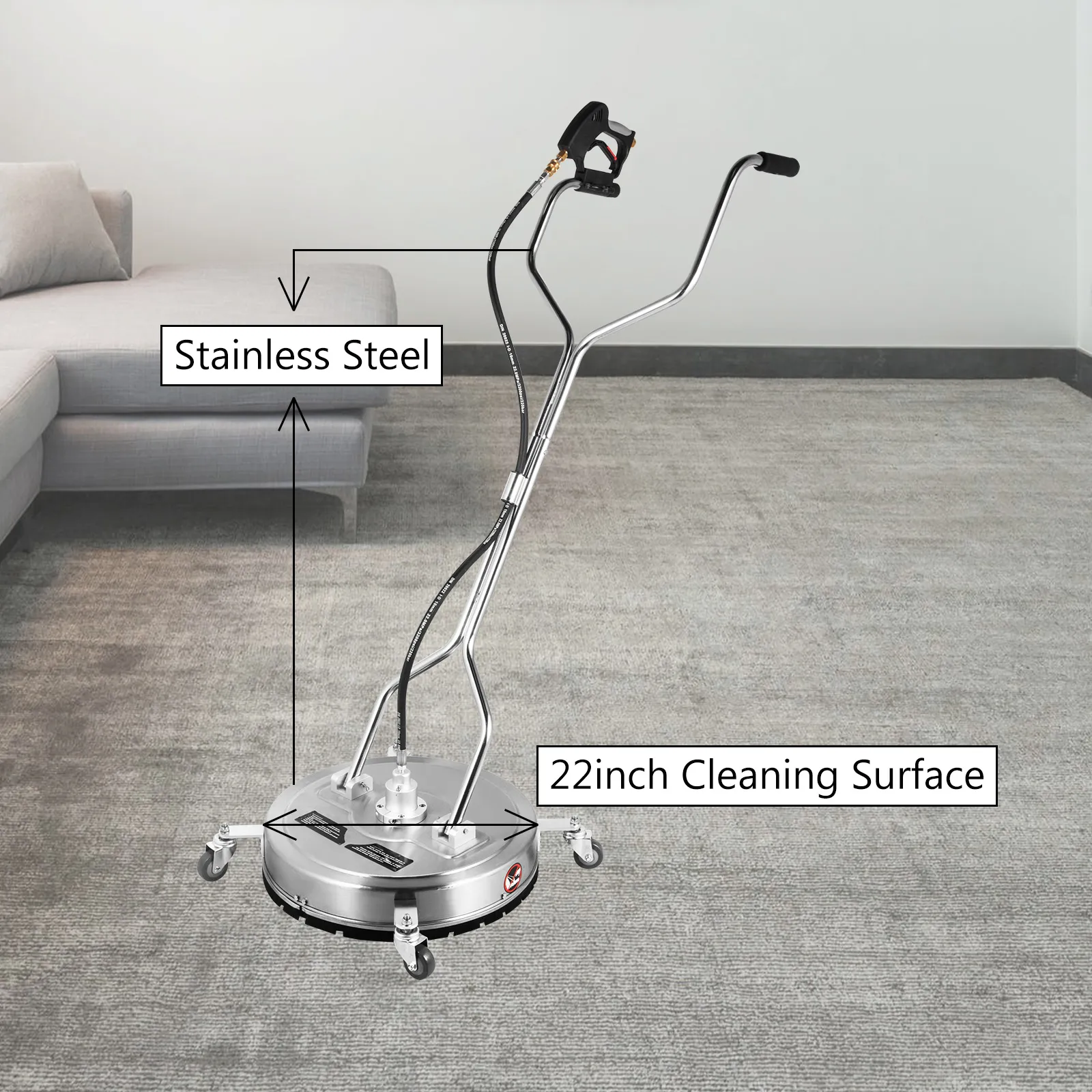 VEVOR surface cleaner 22inch with stainless steel handle on carpet.