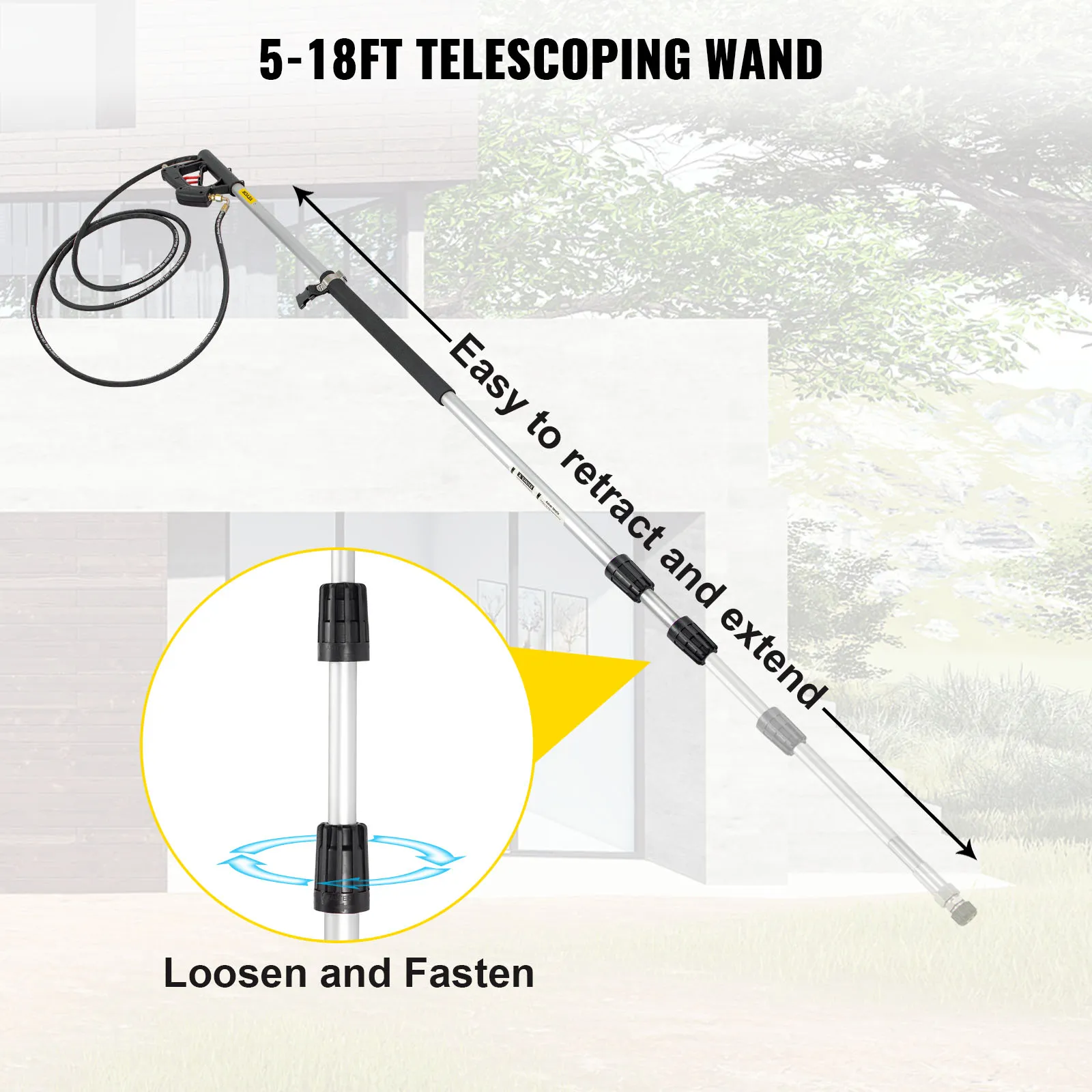 Varilla de hidrolavadora telescópica VEVOR con longitud ajustable de 5 a 18 pies.