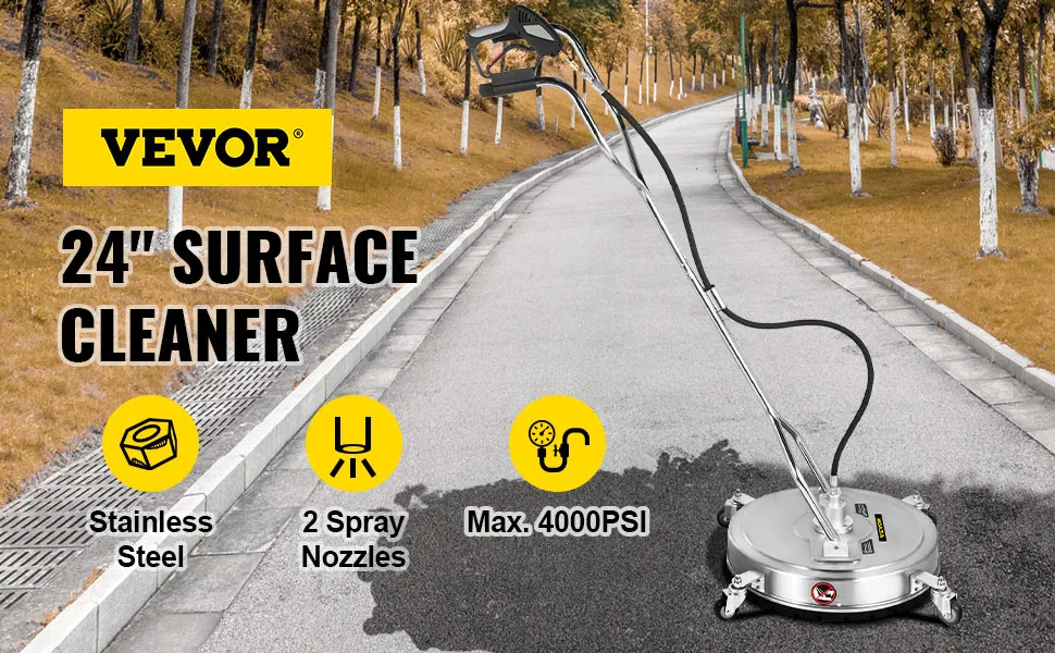 VEVOR pressure surface cleaner on a road, featuring stainless steel, dual spray nozzles, and 4000 psi max.