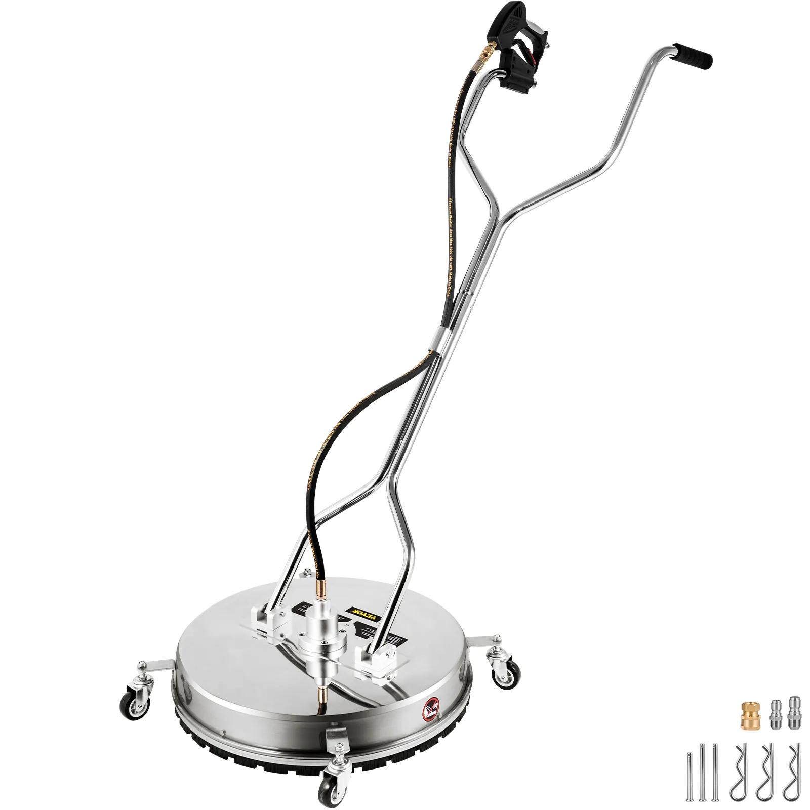 VEVOR pressure surface cleaner with stainless steel handle and wheels, includes nozzle attachments.