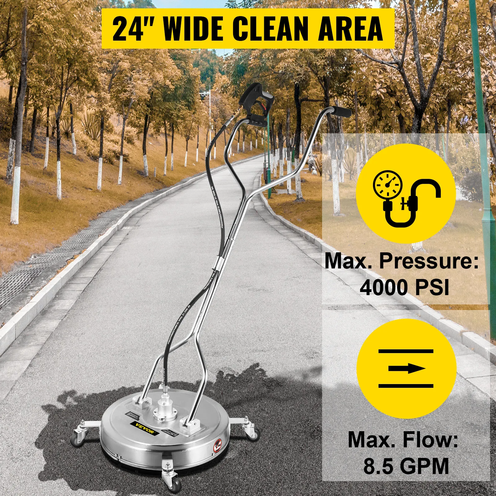 VEVOR pressure surface cleaner on a tree-lined pathway, highlighting 24" wide clean area, 4000 psi max pressure.