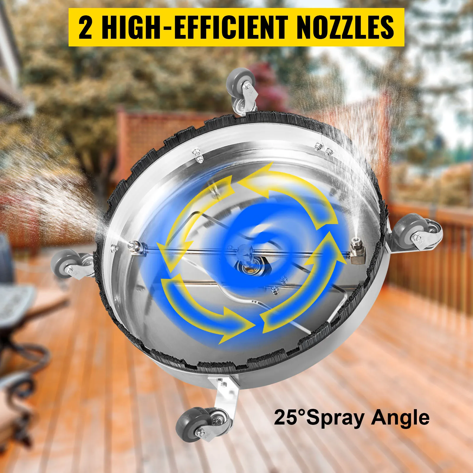 VEVOR pressure surface cleaner showing high-efficient nozzles and 25-degree spray angle on a deck.