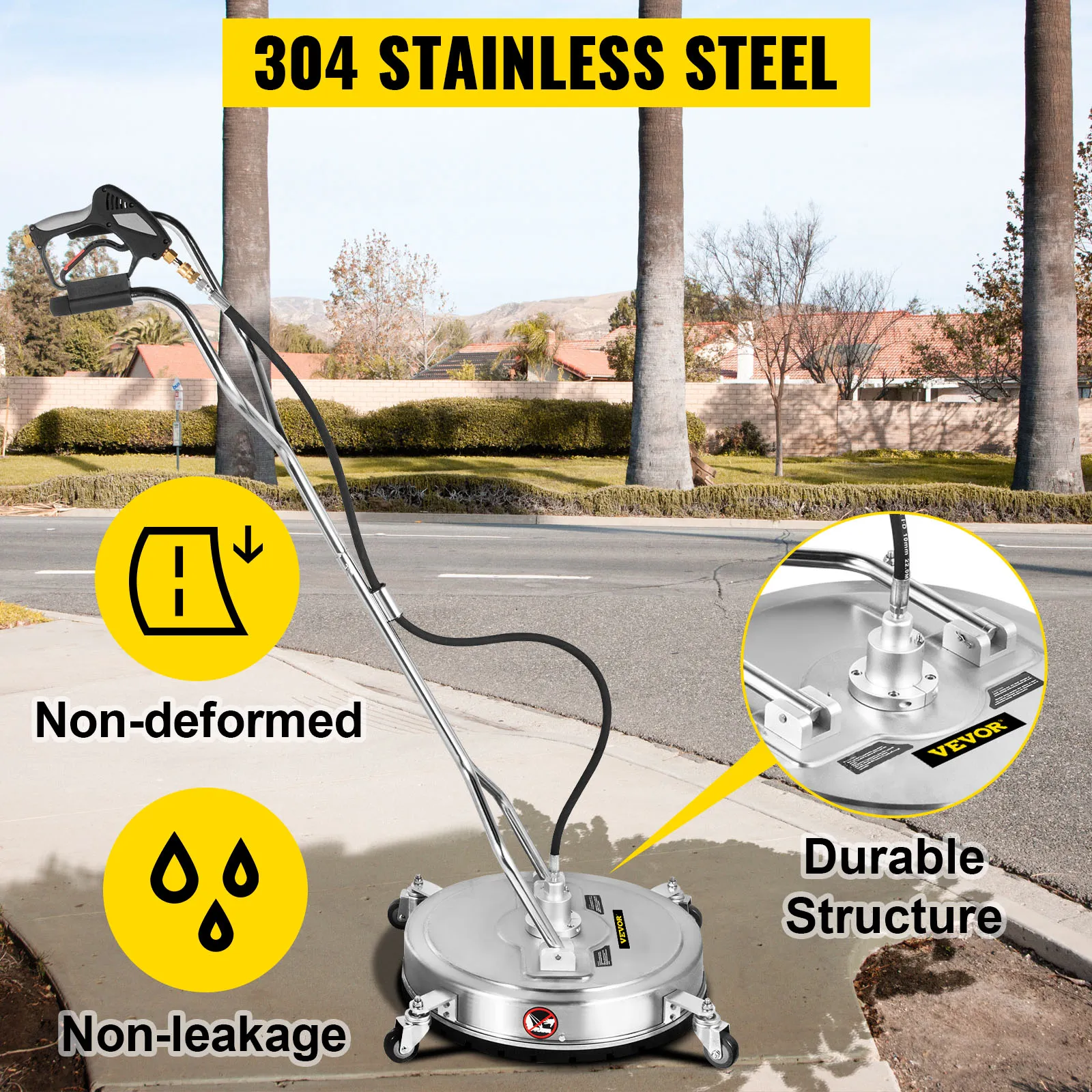 VEVOR pressure surface cleaner on sidewalk with durable stainless steel structure, non-deformed, non-leakage.