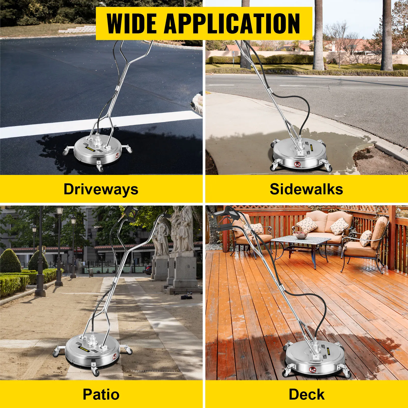 VEVOR pressure surface cleaner shown cleaning driveways, sidewalks, patio, and deck. wide application.