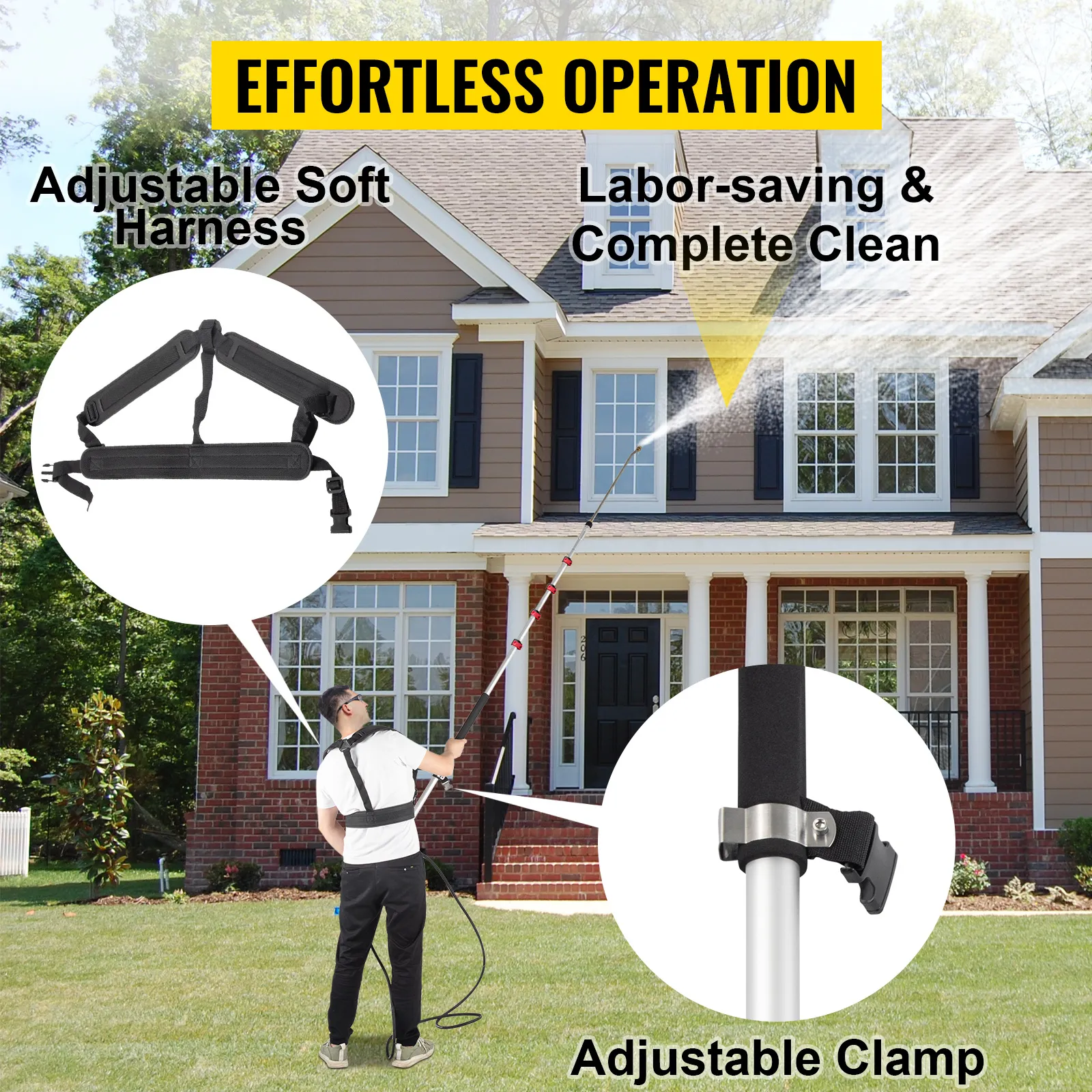 man using VEVOR telescoping pressure washer wand for cleaning a house with adjustable harness and clamp.