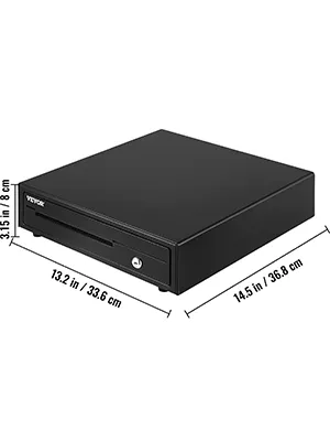 black VEVOR cash register drawer with dimensions: 13.2 in x 14.5 in x 3.15 in.