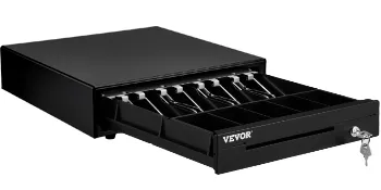VEVOR cash register drawer with open compartment, key lock, and five bill trays.