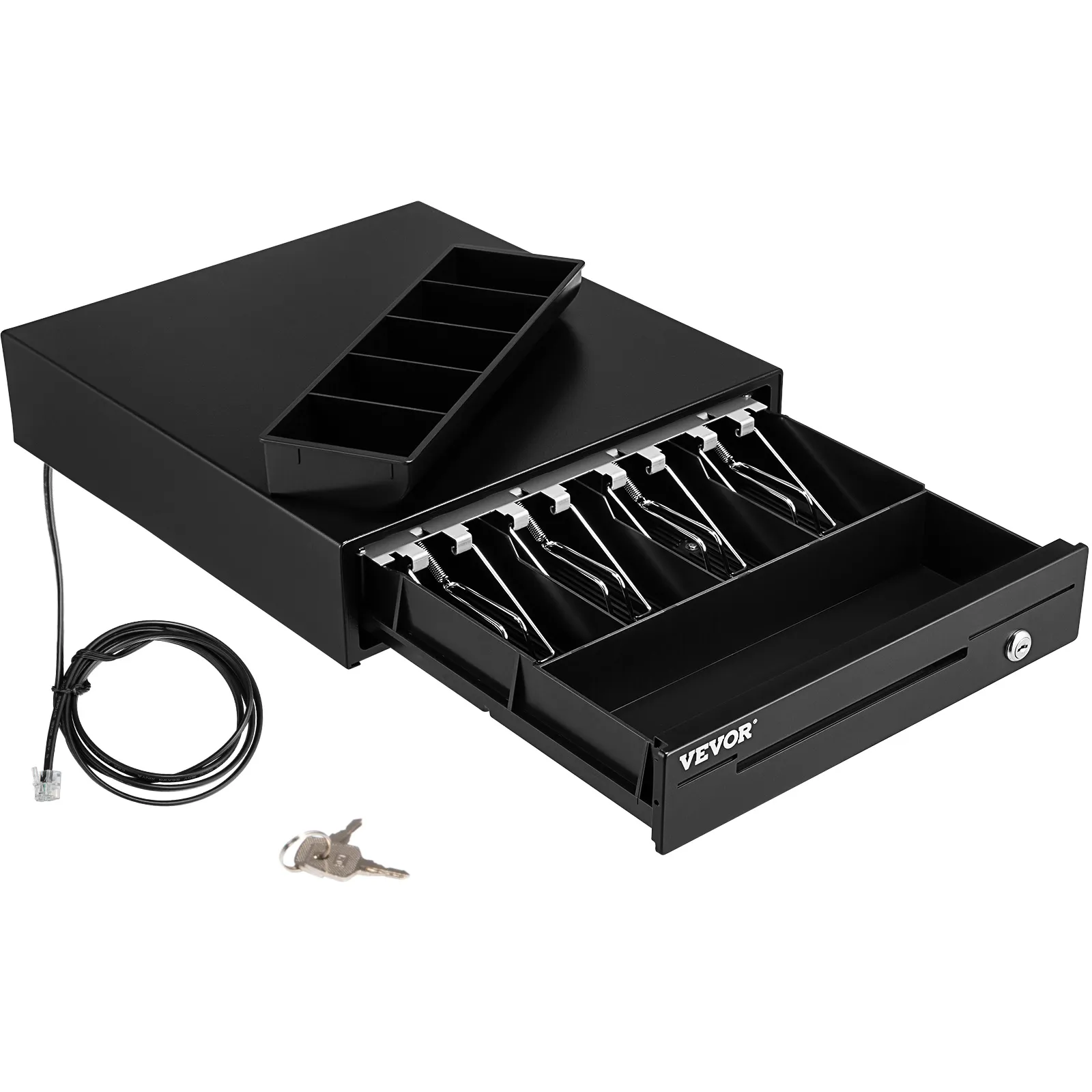 black VEVOR cash register drawer with compartments, cable, and keys. ideal for secure cash handling.