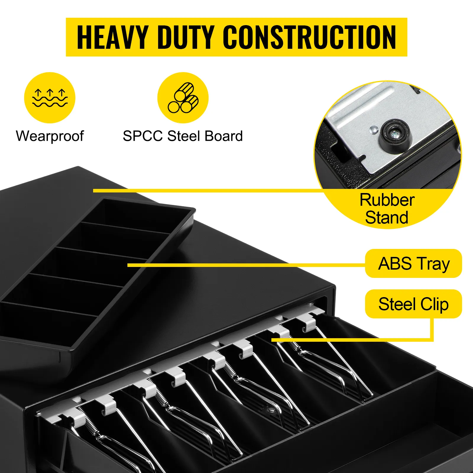 VEVOR cash register drawer with spcc steel board, abs tray, rubber stand, steel clips, and wearproof design.