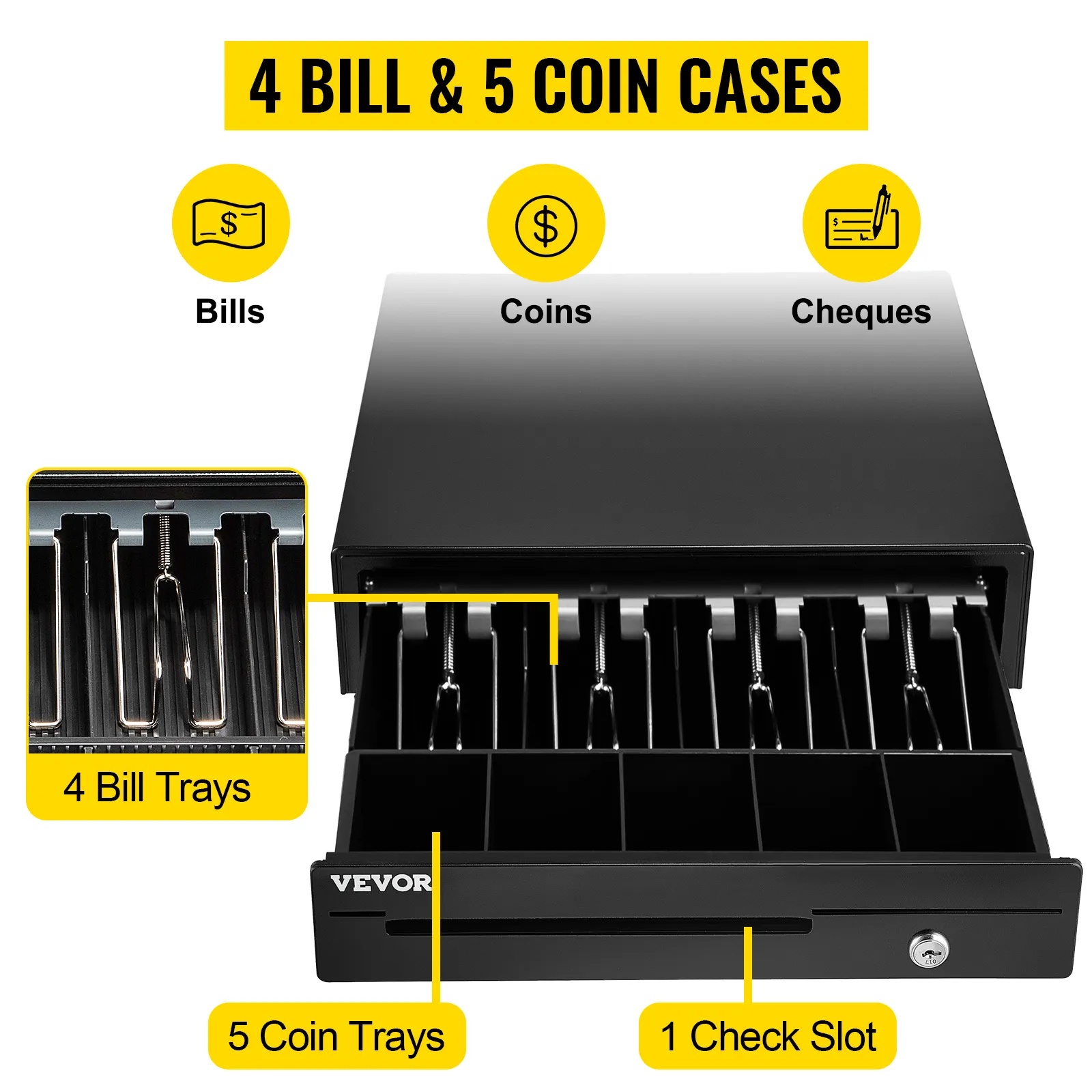 VEVOR cash register drawer with 4 bill and 5 coin trays, plus 1 check slot.