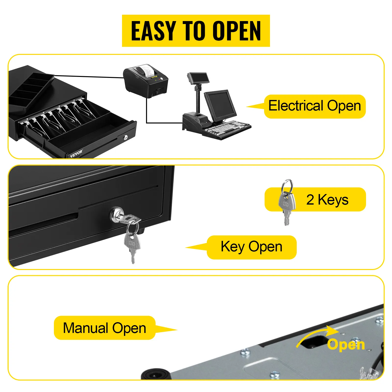 VEVOR cash register drawer with electrical, key, and manual opening options, including 2 keys.