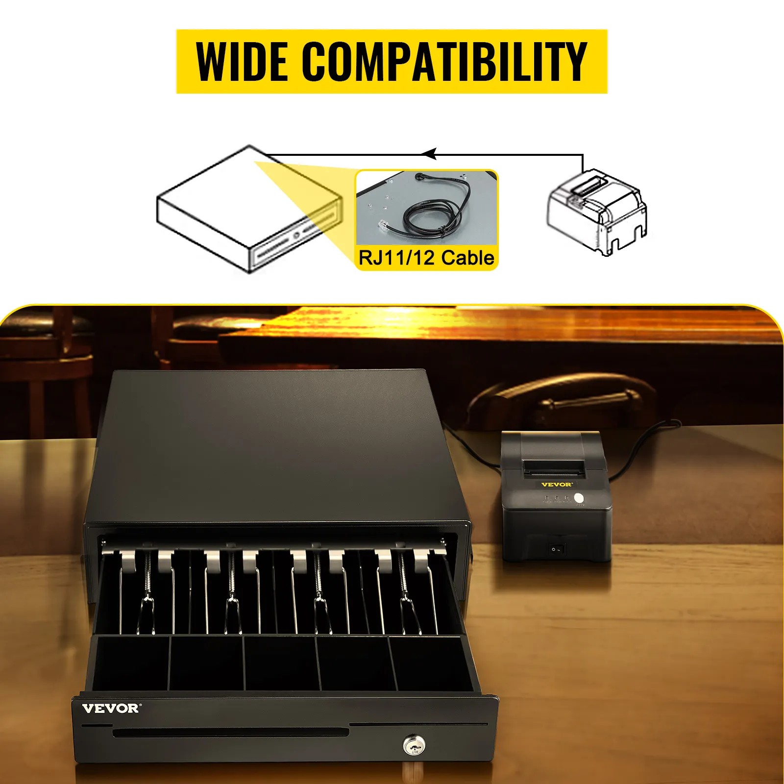 VEVOR cash register drawer with rj11/12 cable and wide compatibility, shown on a wooden counter.