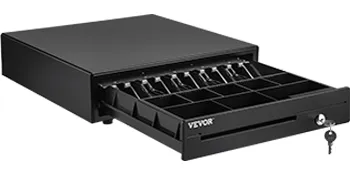 VEVOR cash register drawer with an open compartment featuring multiple slots and a key lock mechanism.