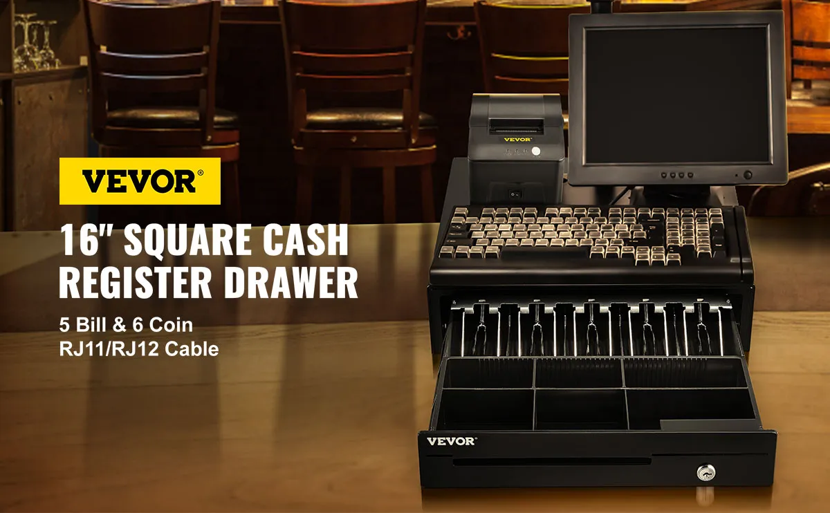 VEVOR cash register drawer with 16" square design, 5 bill & 6 coin slots, and rj11/rj12 cable.