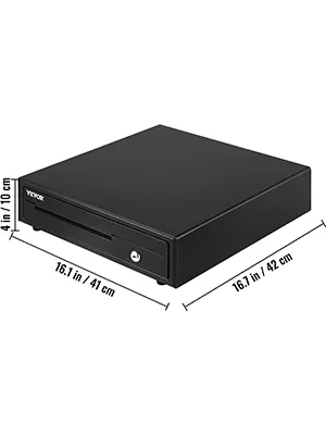 black VEVOR cash register drawer, 16.1 inches by 16.1 inches by 4 inches, lockable front drawer.