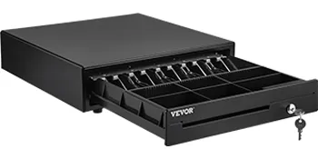 VEVOR cash register drawer with open compartments, coin slots, and lockable front.