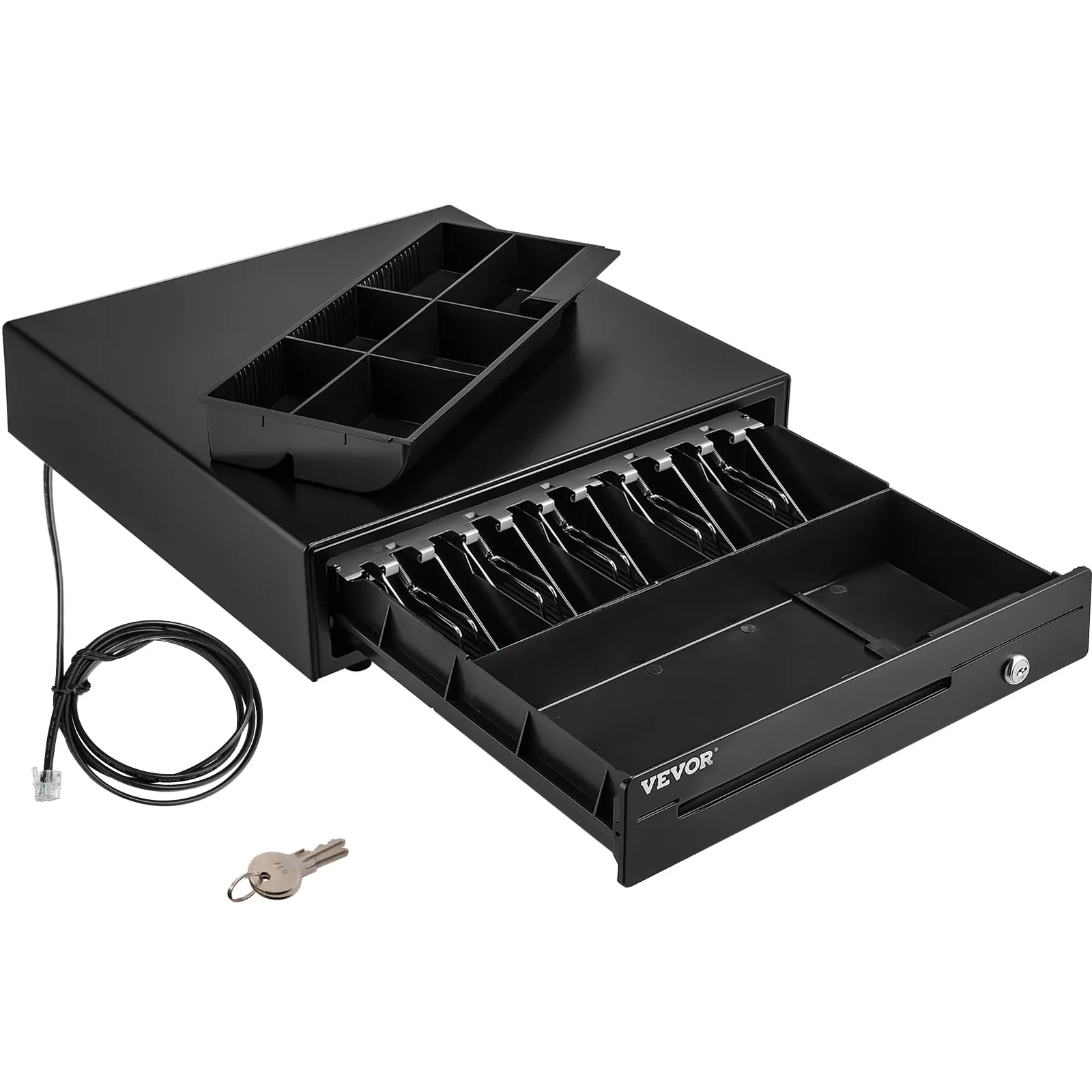 VEVOR cash register drawer with bill and coin compartments, rj11 cable, and keys.