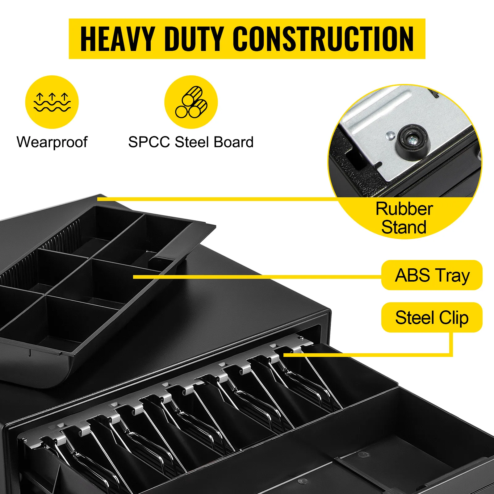VEVOR cash register drawer with abs tray, spcc steel board, steel clips, and rubber stand.