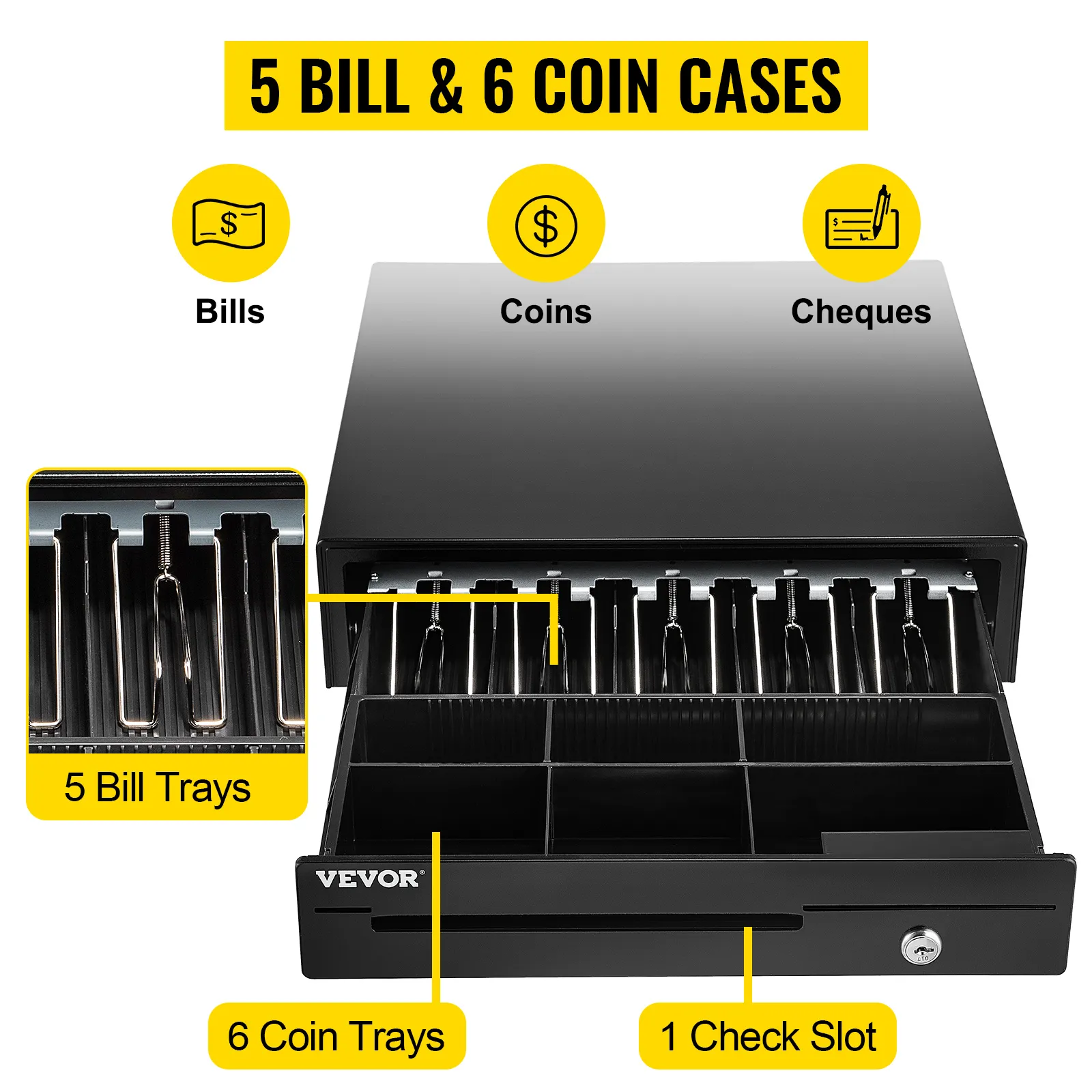 VEVOR cash register drawer with 5 bill trays, 6 coin trays, and 1 check slot, ideal for organizing currencies.